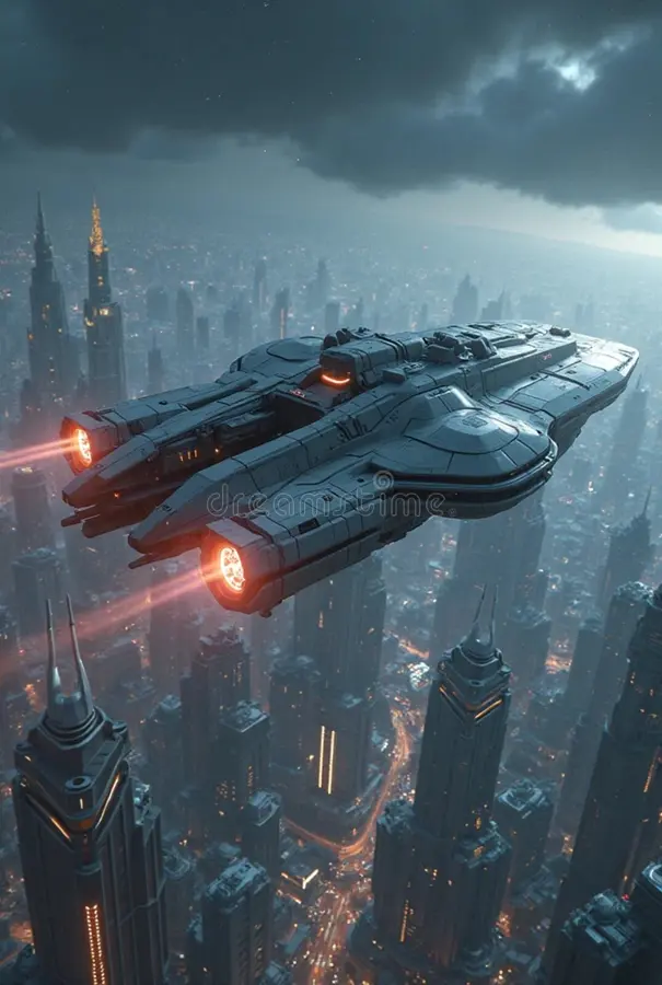sci fi spaceship flying over futuristic city ai generated 398473749